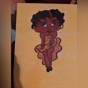 Hand-Painted Betty Boop Style Wall Art in Yellow and Brown